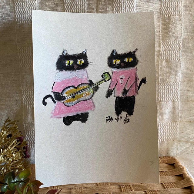 絵画。原画手描き【黒猫ちゃんの楽しいギターショー】 エンタメ/ホビーの美術品/アンティーク(絵画/タペストリー)の商品写真