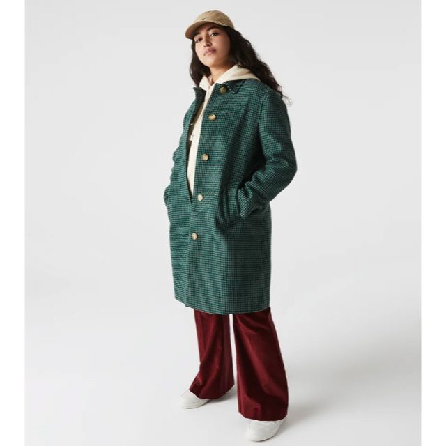 LACOSTE(ラコステ)の【L】定価７万■新品■現行品■LACOSTE■レトロチェック柄ウールコート■緑 レディースのジャケット/アウター(ロングコート)の商品写真