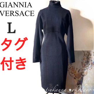 ジャンニヴェルサーチ(Gianni Versace)の新品タグ付 定価15万 ヴェルサーチ VERSACE ウールワンピース 黒 L(ロングワンピース/マキシワンピース)