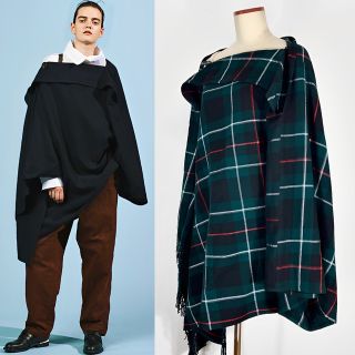 Y's 17AW チェック アシンメトリー ポンチョ マルチコート マルチ2