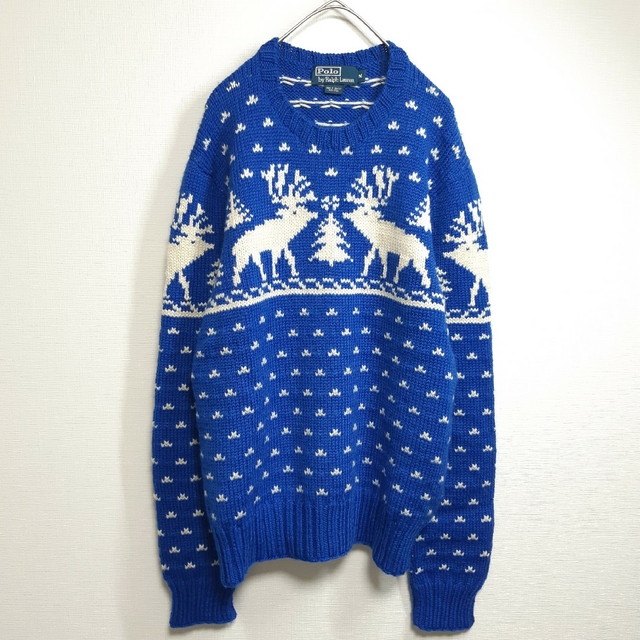美品/美色】ポロ ラルフローレン ウール セーター トナカイ 雪 ブルー