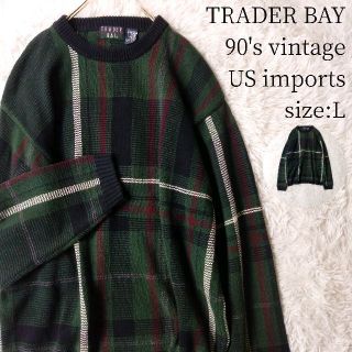 90s★一点物US輸入★TRADER BAY デザインニット メガチェック L(ニット/セーター)