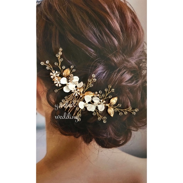 フラワーリーフ小枝ヘッドドレスヘアアクセサリーボンネウェディング結婚式♡新品