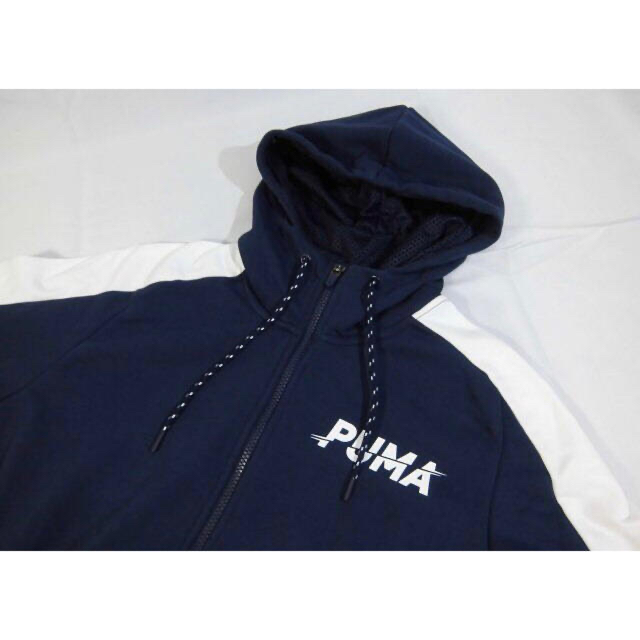 ネイビー系ロゴ部分は白□素材【PUMA/プーマ】スウェットパーカ ジップアップパーカー メンズLサイズ（紺）