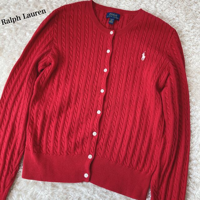 POLO RALPH LAUREN(ポロラルフローレン)のRalph Lauren ホースロゴ ケーブル編み カーディガン レッド XL レディースのトップス(カーディガン)の商品写真