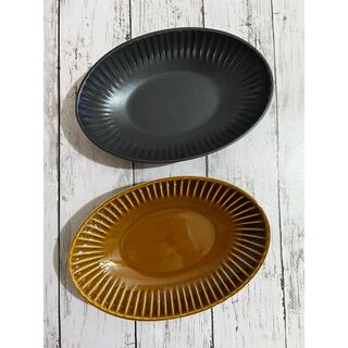削り模様 アメ色1枚+黒1枚 和洋食器 中皿 中鉢オシャレ 陶器 オーバルボウル(食器)