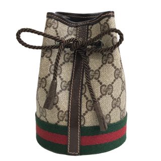 グッチ(Gucci)のGUCCI グッチ オールドグッチ シェリーライン 巾着型ポーチ PVC レザー ベージュxブラウン系(ポーチ)