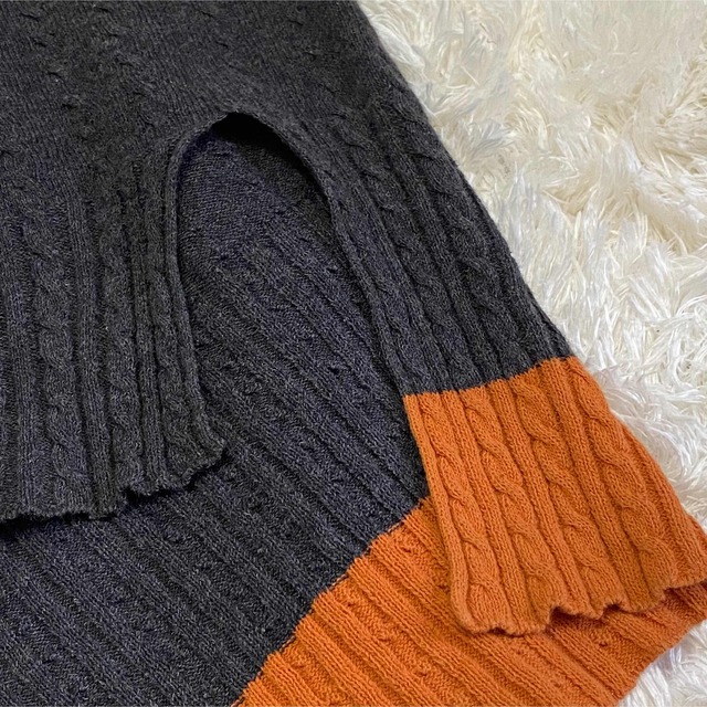 【Onta】ゆるダボコットンニットバイカラーMSケーブル編みグレー×オレンジ   メンズのトップス(ニット/セーター)の商品写真