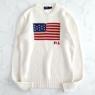 ポロラルフローレン(POLO RALPH LAUREN)の美品♪ ポロラルフローレン クルーネックニット 星条旗 白 サイズM m24(ニット/セーター)