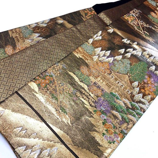 O-2292 袋帯 本金二重箔 金銀糸 寺院風景柄 花柄