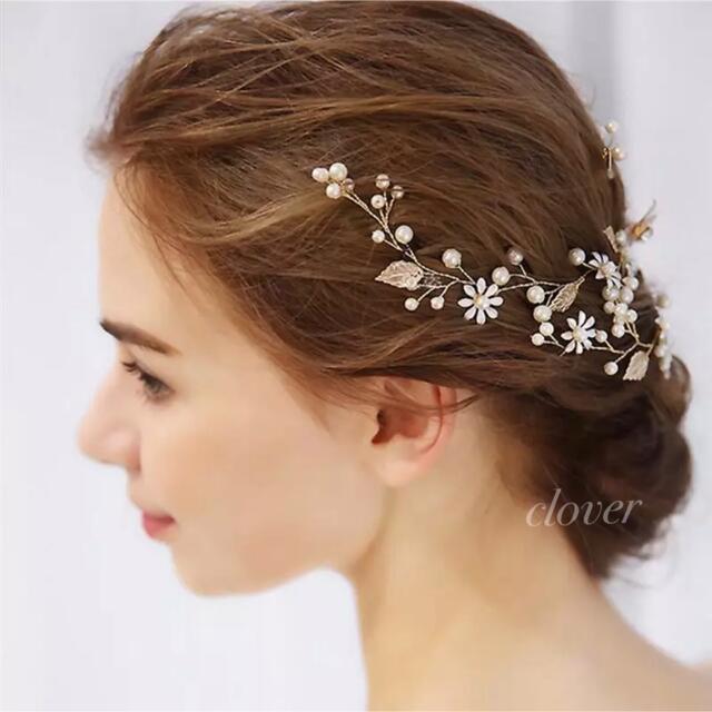 再入荷！【新品】リーフ ゴールド フラワー ウェディング ヘアアクセサリー 小枝 ハンドメイドのウェディング(ヘッドドレス/ドレス)の商品写真