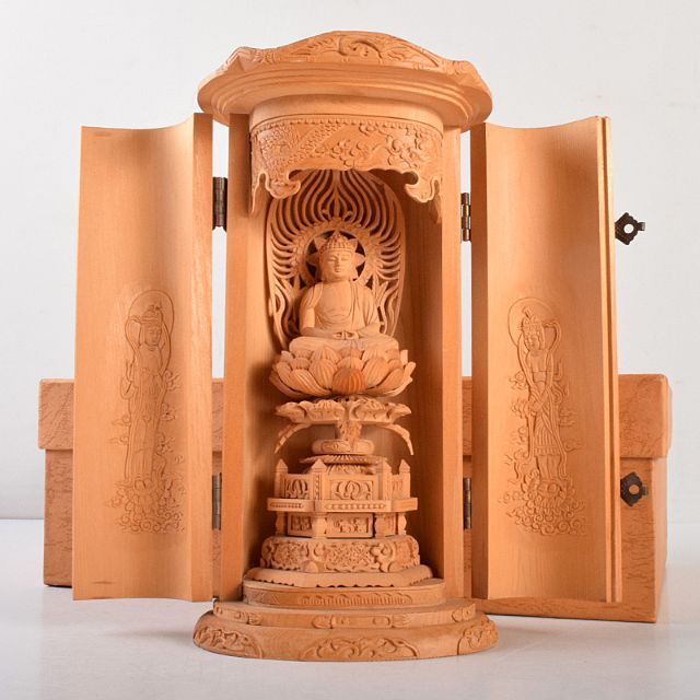 工芸美術大師 虞定良作 木彫 釈迦如来像 仏像 観音開逗子付 D 工芸美術大師 虞定良作 木彫 釈迦如来像 仏像 観音開逗子付 D