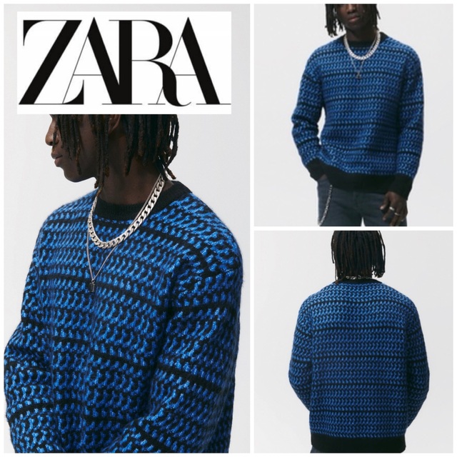 良品■ZARA ザラ■アルパカ混 総柄 サカナ クルーネック ニット セーター