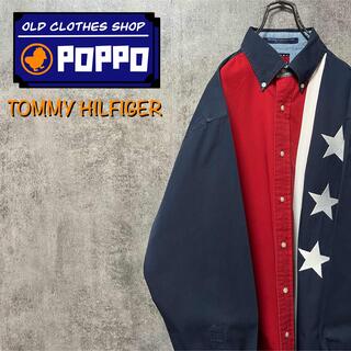 トミーヒルフィガー(TOMMY HILFIGER)のトミーヒルフィガー☆スター刺繍USA星条旗柄トリコロールマルチ切替シャツ 90s(シャツ)