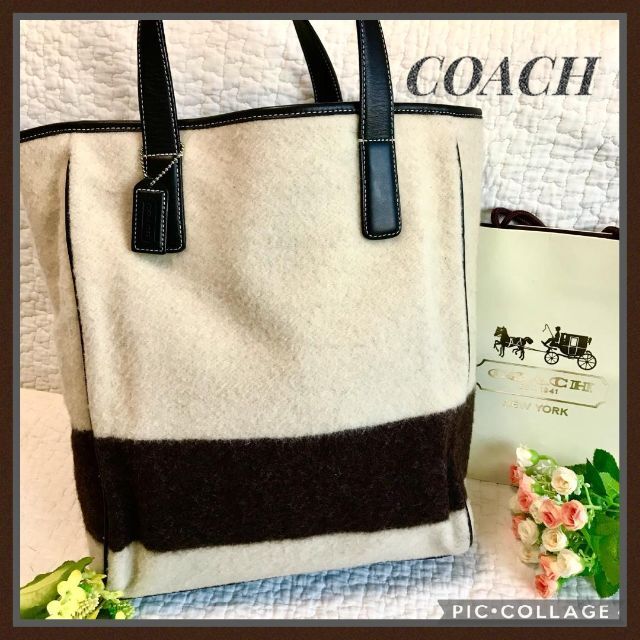 Wendy's & foot the coacher(ウェンディズアンドフットザコーチャー)のCOACH　コーチ ウール バイカラー トートバッグ　ベージュ×ブラウン レディースのバッグ(トートバッグ)の商品写真