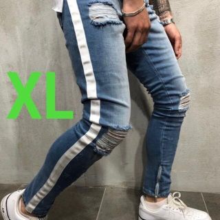 ラインパンツ ネイビーブルー XL 青 紺 ダメージ デニム ジーンズ メンズ(ワークパンツ/カーゴパンツ)