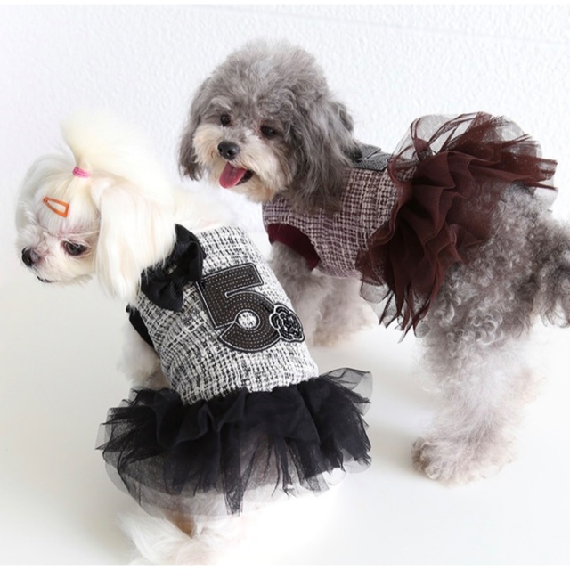 犬服ツイードチュールワンピースカメリアリボン各種サイズ　チワワ　トイプードル ハンドメイドのペット(ペット服/アクセサリー)の商品写真