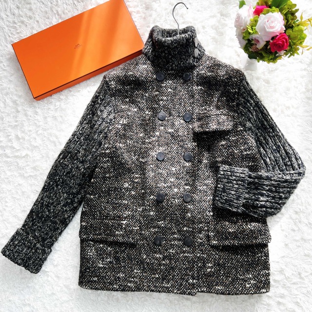 高い素材】 Hermes エルメス ブルゾン シルク ツイルレーヌ レザー