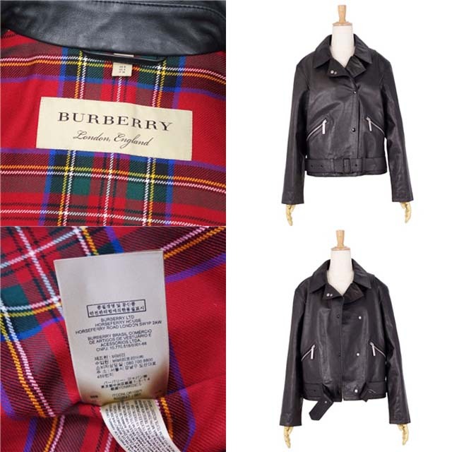 BURBERRY(バーバリー)の美品 バーバリー BURBERRY ジャケット レザージャケット カーフレザー 裏チェック アウター レディース UK4 US4 IT38(M相当) ブラック レディースのジャケット/アウター(その他)の商品写真