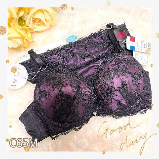 C65M❤︎ブラショー サテン紫蝶 女装 男の娘に大人気！ レディースの下着/アンダーウェア(ブラ&ショーツセット)の商品写真