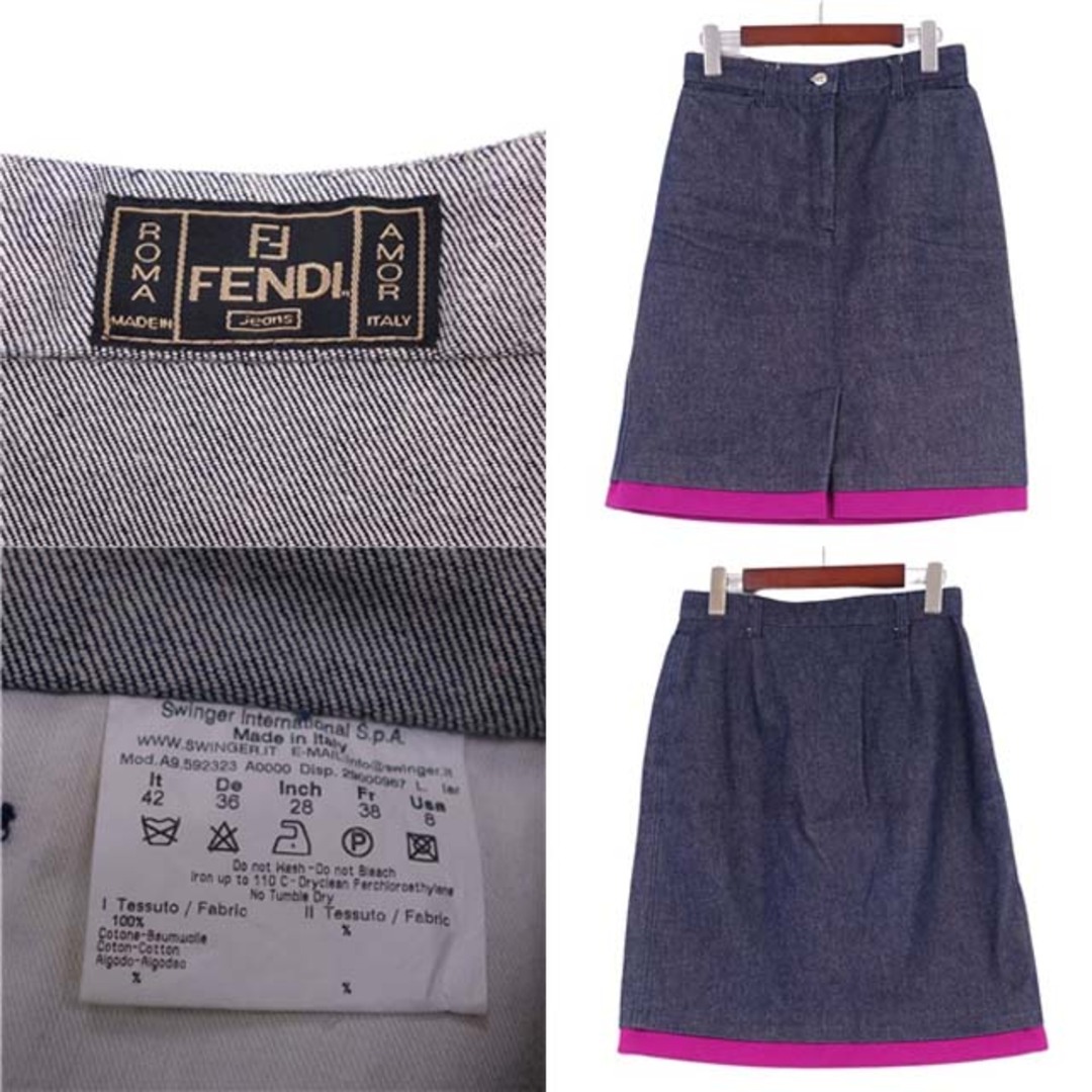 FENDI(フェンディ)の美品 Vintage フェンディ FENDI スカート デニム コットン 無地 ボトムス レディース イタリア製 42(L相当) インディゴブルー レディースのスカート(ひざ丈スカート)の商品写真