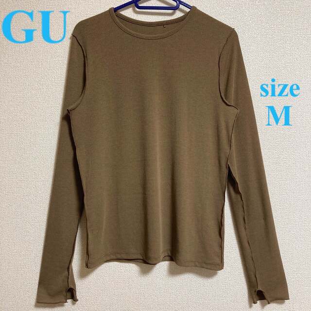 GU(ジーユー)の【ままこ様専用】GU  ソフトリブクルーネックTシャツ　Mサイズ　ブラウン レディースのトップス(Tシャツ(長袖/七分))の商品写真