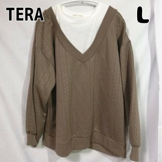 シマムラ(しまむら)のしまむら TERA TRWフクレJQVネックPO プルオーバー L 中茶(シャツ/ブラウス(長袖/七分))