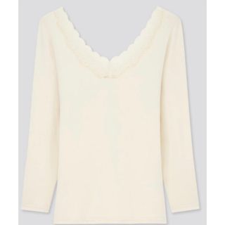 ユニクロ(UNIQLO)のユニクロ　ヒートテック　バレエネックT(八分袖) (レース)L ナチュラル　新品(アンダーシャツ/防寒インナー)