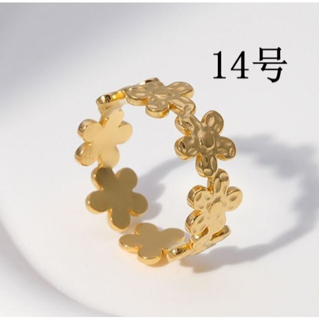 フラワーリング ゴールド 14号 ステンレス 花 幅広 指輪 金 レディースのアクセサリー(リング(指輪))の商品写真