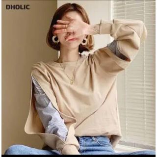 ディーホリック(dholic)のDHOLIC ストライプスリーブスウェット　ベージュ　美品(トレーナー/スウェット)