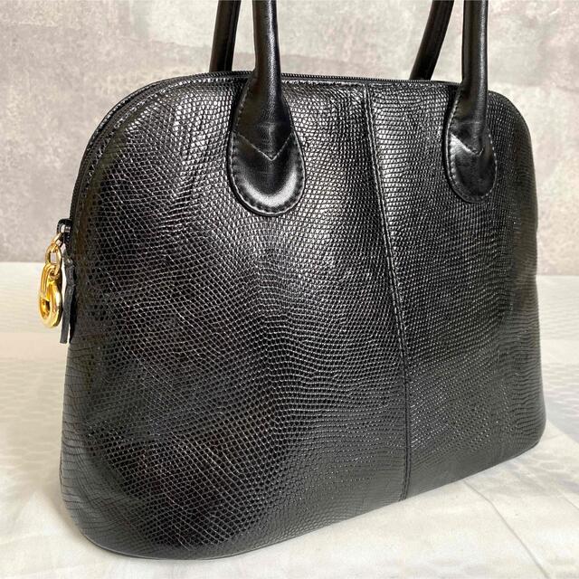 美品】HAMANO 濱野皮革工藝 リザード革 ゴールド金具 黒 ハンドバッグ