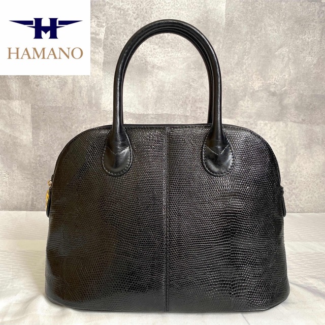 【美品】HAMANO 濱野皮革工藝 リザード革 ゴールド金具 黒 ハンドバッグ