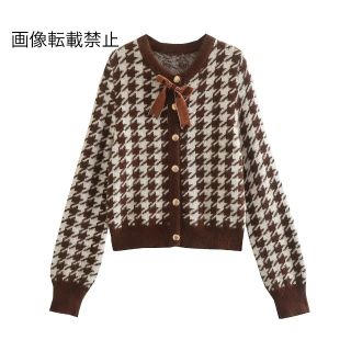 🍬10月新作🍭9680◆brown 千鳥柄 リボン ニット カーディガン(カーディガン)