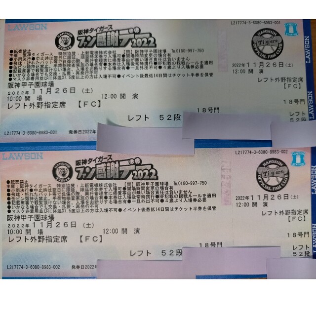 阪神タイガース ファン感謝デー2022 レフト外野指定ペア チケットのスポーツ(野球)の商品写真