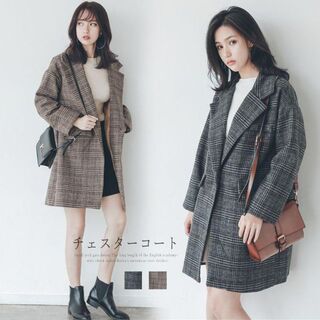 ♉チェスターコート ■ブラウン　グレンチェック コート　韓国ファッション(チェスターコート)
