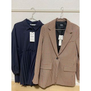 ザラ(ZARA)のZARA チェックジャケット＋ブラウス　2枚セット(テーラードジャケット)