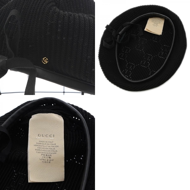 Gucci(グッチ)のグッチ GGクロシェ ニット ベレーハット 帽子 リボン ブラック 656574 レディースの帽子(ハンチング/ベレー帽)の商品写真