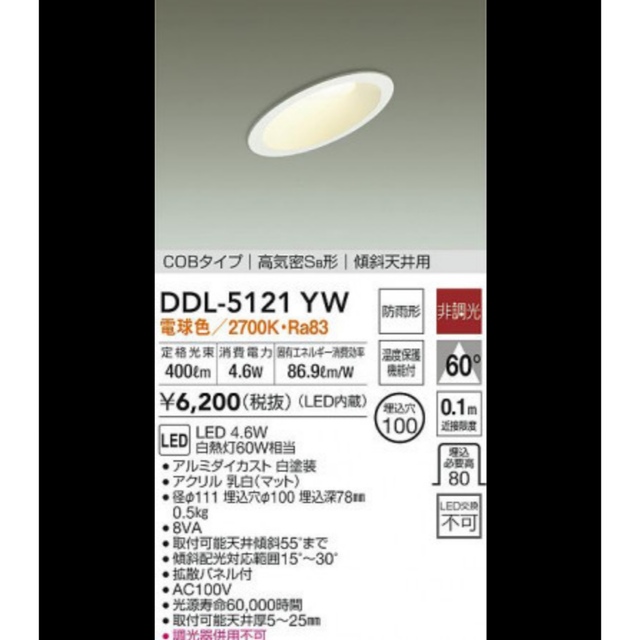 大光電機 LEDダウンライト(軒下兼用) DDL5121YW(非調光型)  インテリア/住まい/日用品のライト/照明/LED(天井照明)の商品写真