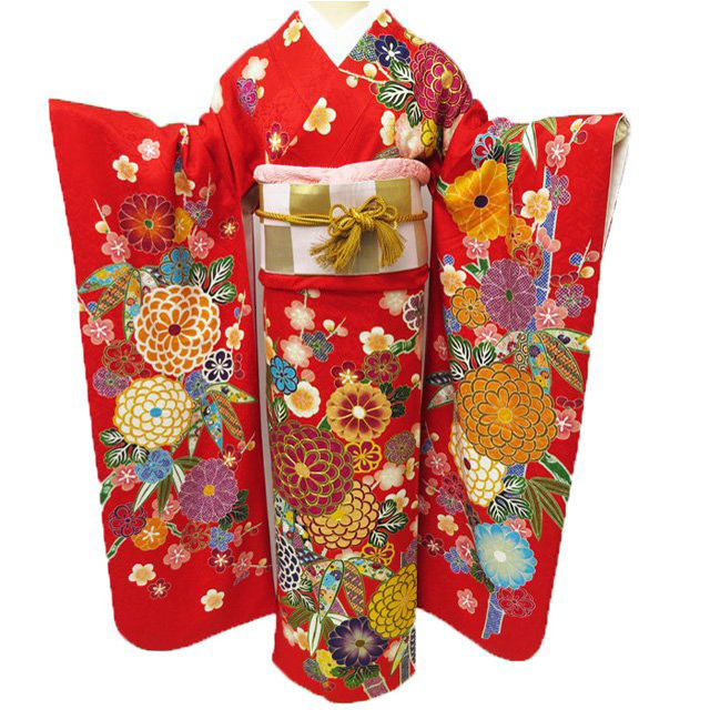 振袖 着物 正絹 花模様 地模様 金駒刺繍 トール A780-10 L【中古