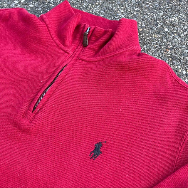 POLO RALPH LAUREN(ポロラルフローレン)の【超希少】ラルフローレン ハーフジップ　ニット　赤　刺繍ロゴ　90s メンズのトップス(スウェット)の商品写真