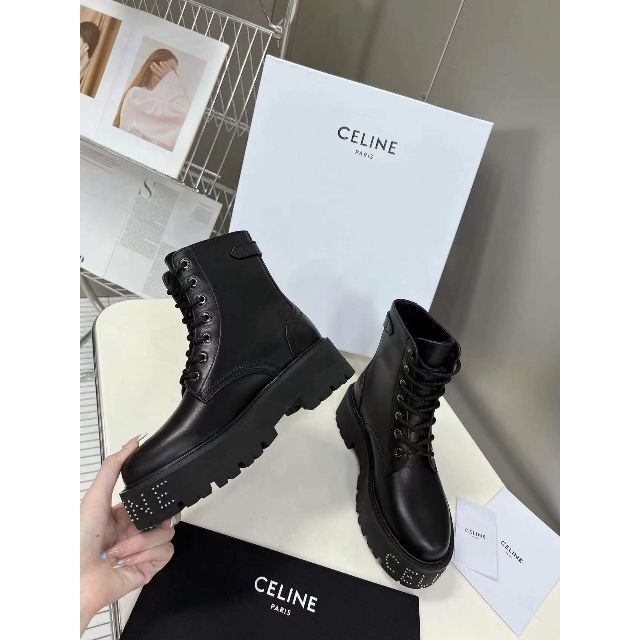 CELINE バルキー レースアップブーツ ブラック | diamundialfuturos