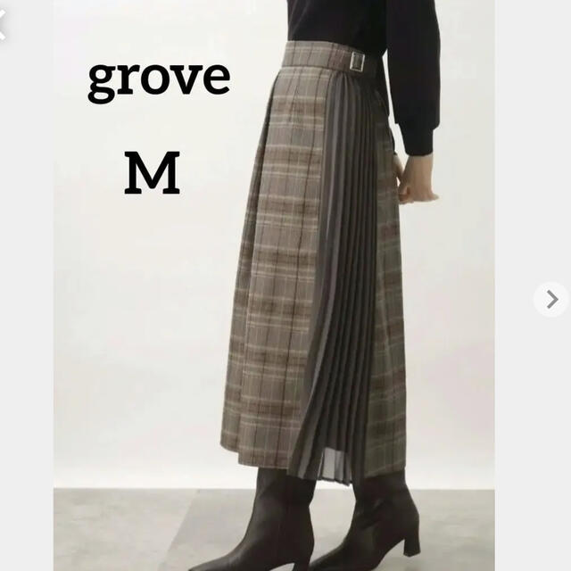 新品 grove モール チェック サイド プリーツスカート キャメル M