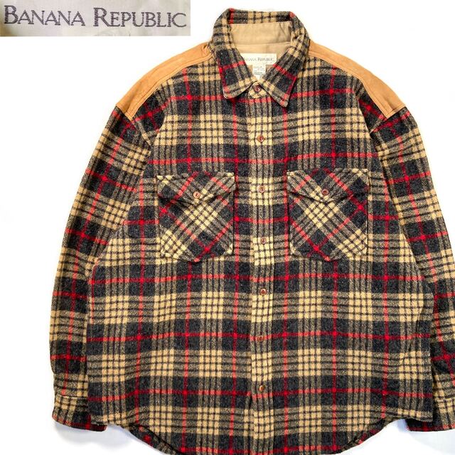 90s BANANA REPUBLIC ウール チェック シャツ レザー切り替え