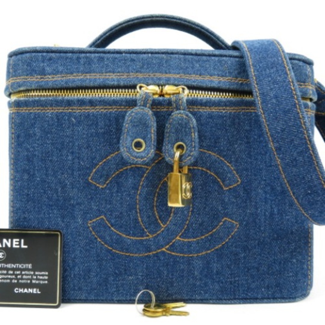 極美品 CHANEL シャネル バニティバッグ 2WAY ショルダーバッグ  デカココマーク 化粧BOX コスメ A06238 ハンドバッグ デニム ブルー