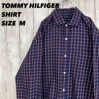 トミーヒルフィガー(TOMMY HILFIGER)のトミーヒルフィガー　長袖チェック柄ワイドスプレッドシャツ　サイズM 紺色(シャツ)