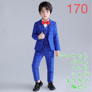 170cm キッズ 結婚式 発表会 ウィンドウペン柄 6点 ブルー【102】(ドレス/フォーマル)