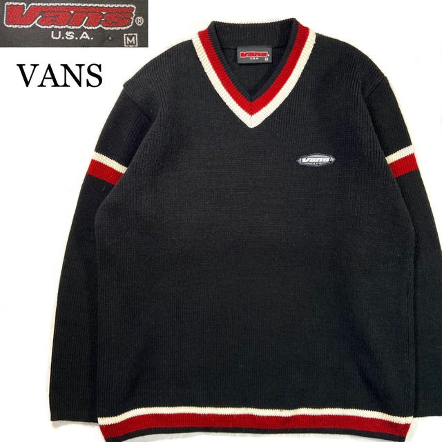 VANS(ヴァンズ)のVANS セーター Vネック ブラック 胸ロゴ 90s オールドスケート 古着 メンズのトップス(ニット/セーター)の商品写真