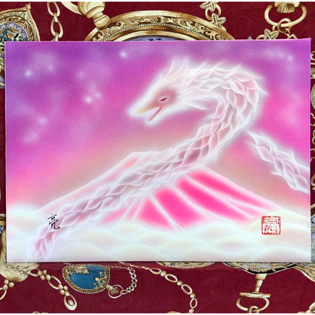 開運画「金の龍神様と金富士と朝日 R」特大・原画・油彩絵画・壁掛け