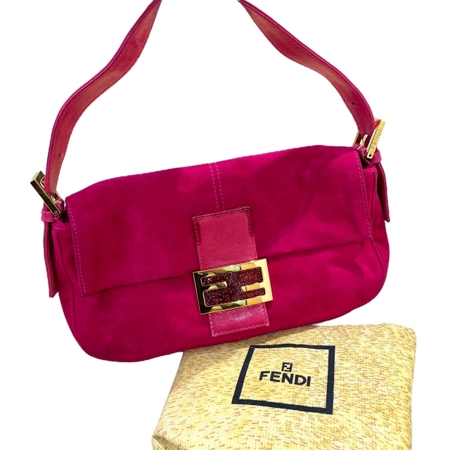 フェンディハンドバッグマンマバケットスエードFF金具ゴールドピンク