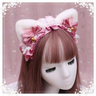 【最安値】白＋ピンク　ふわふわ猫耳　メイド ロリータ カチューシャ クリスマス(カチューシャ)